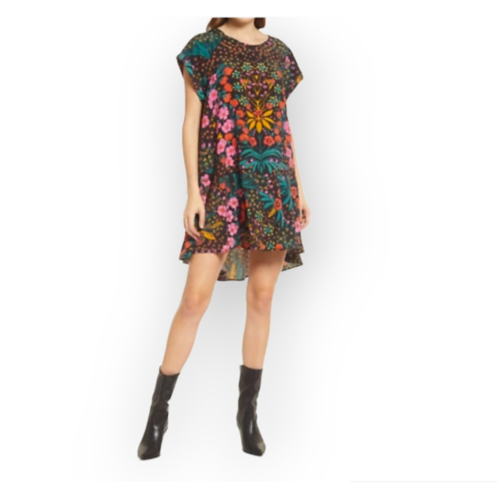 Free People Black Combo Strawberry Fields Short Sleeve Boho Swing Mini Dress XS